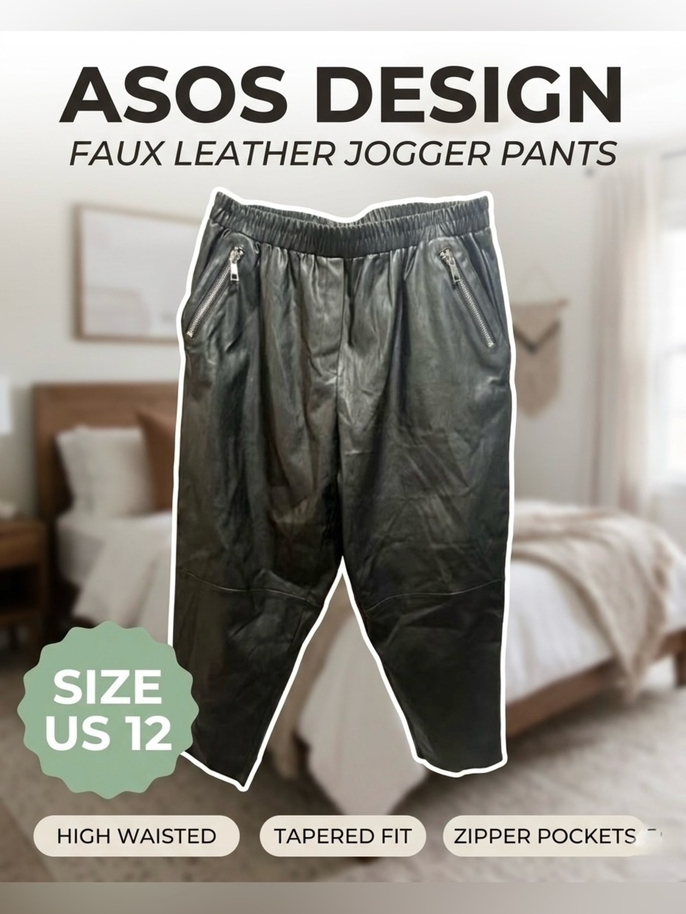 ASOS DESIGN Black Faux Leather Tapered Jogger Pants Size 12 Zipper Pockets